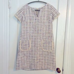 Sara Campbell Cream Multi Tweed Sheath Dress Lined Cap Sleeves Pockets USA